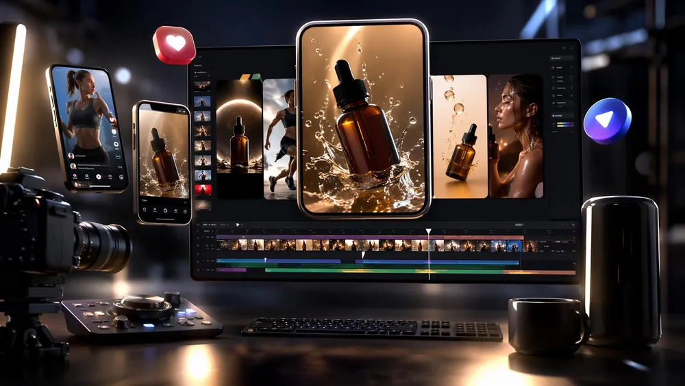Video editing studio with product and UGC video ads on phones and a timeline