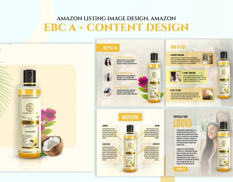 Amazon listing image and A+ content design for a hair oil product
