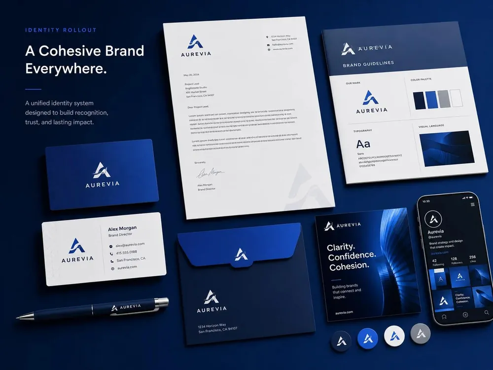 Brand identity rollout with logo, letterhead, business cards and guidelines