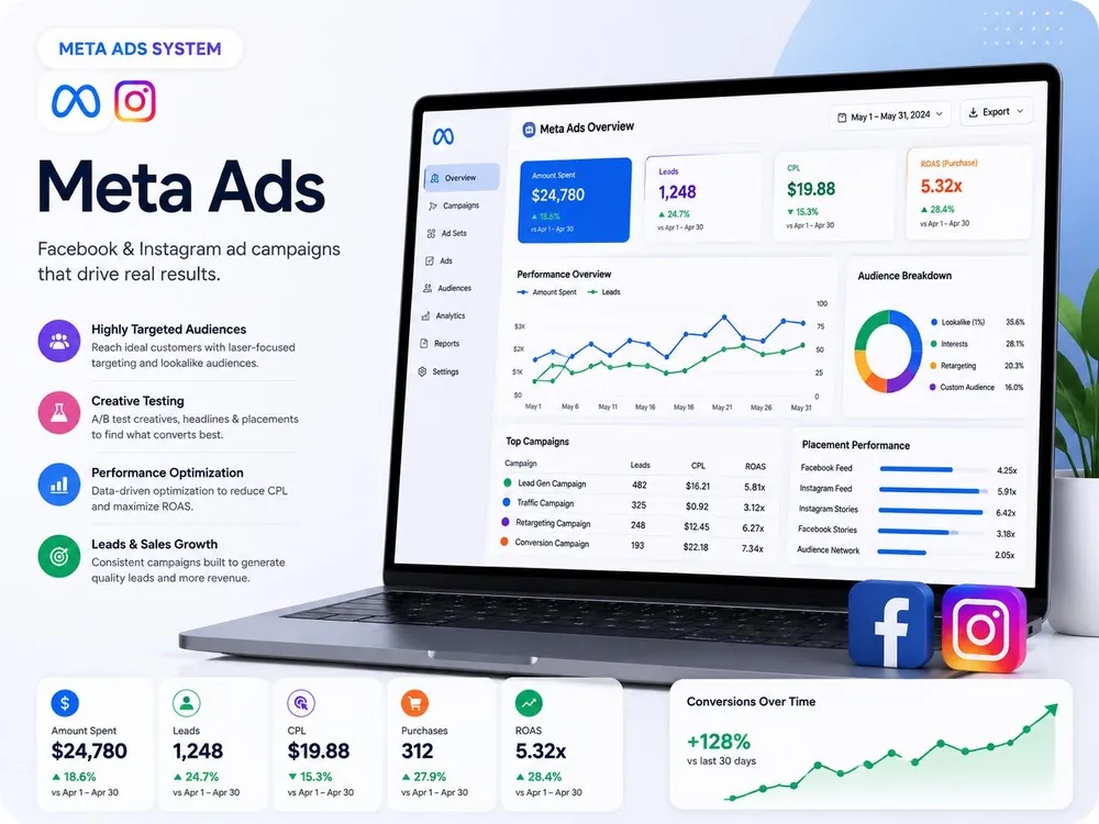Meta Ads system overview with a sample campaign dashboard