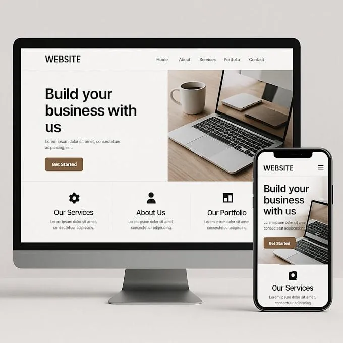 Business website shown on a desktop monitor and a phone
