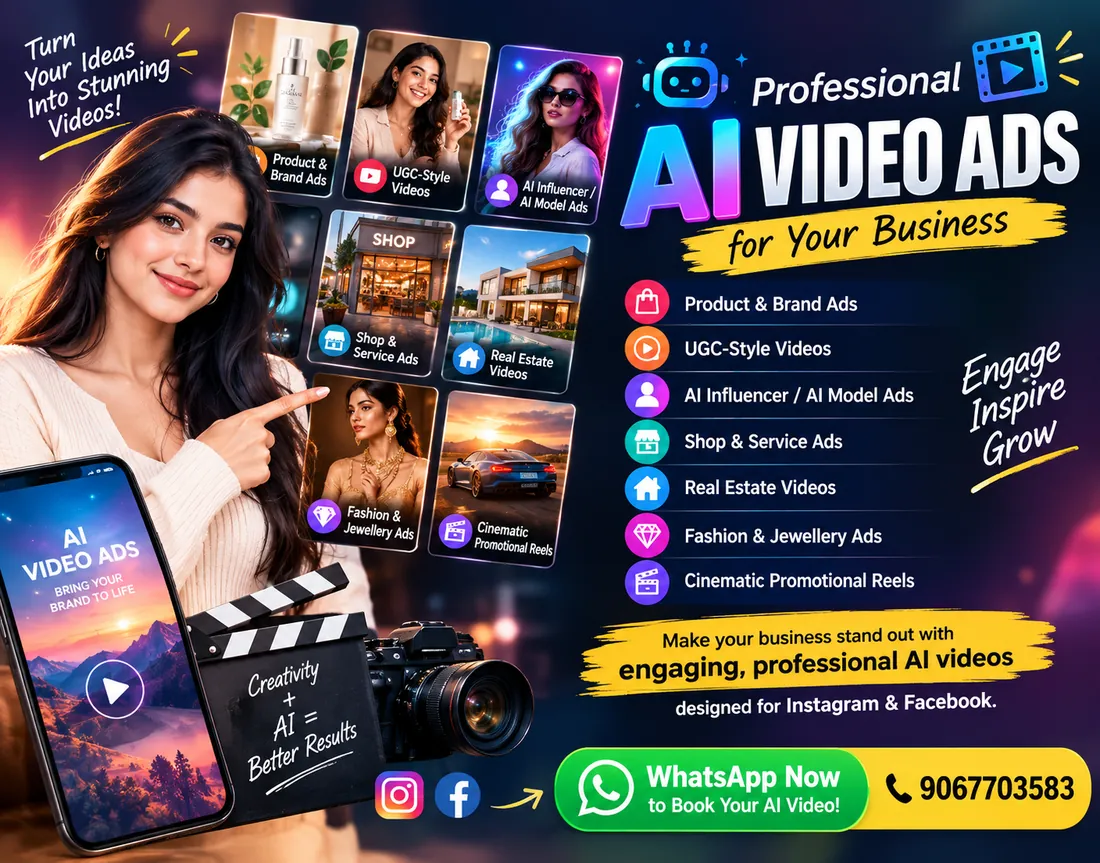 AI video ads poster listing product and brand ads, UGC-style videos, AI influencer ads, real estate videos and cinematic reels